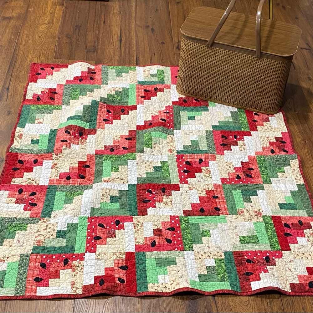 Watermelon Picnic Log Cabin Handmade Quilt - Picture 2 of 13